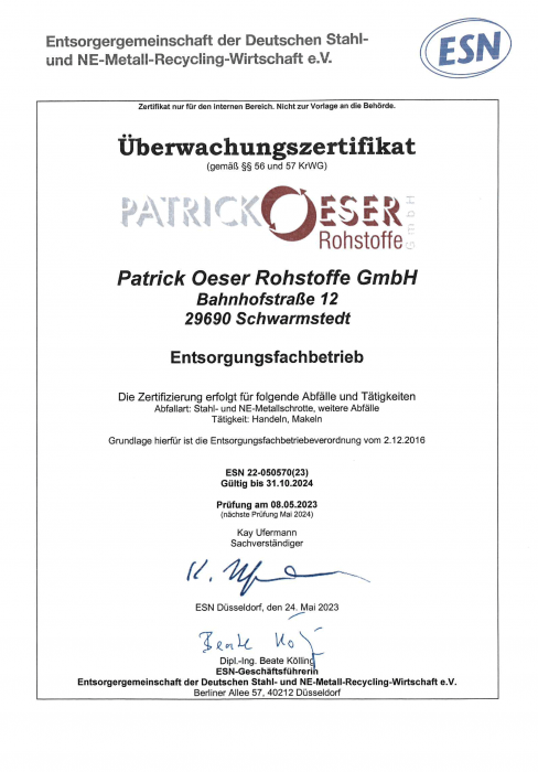 Patrick Oeser Rohstoffe GmbH - Überwachungszertikat bis 31.10.2024